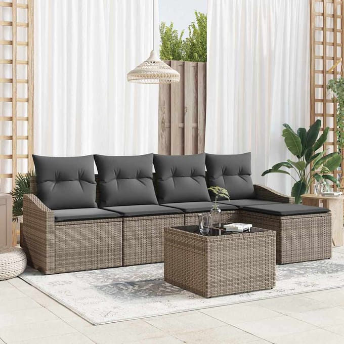 vidaXL Bankstel met kussen met opslag 6 pcs Lichtgrijs poly rattan