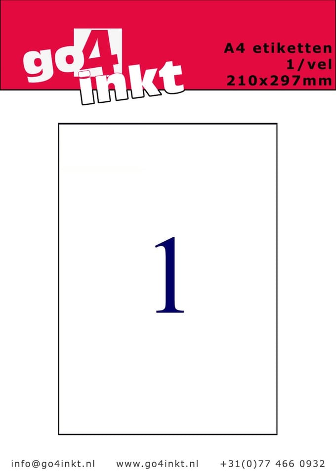 Go4inkt A4 Etiketten 1/vel 210mm x 297mm (100 vel) stickervellen wit
