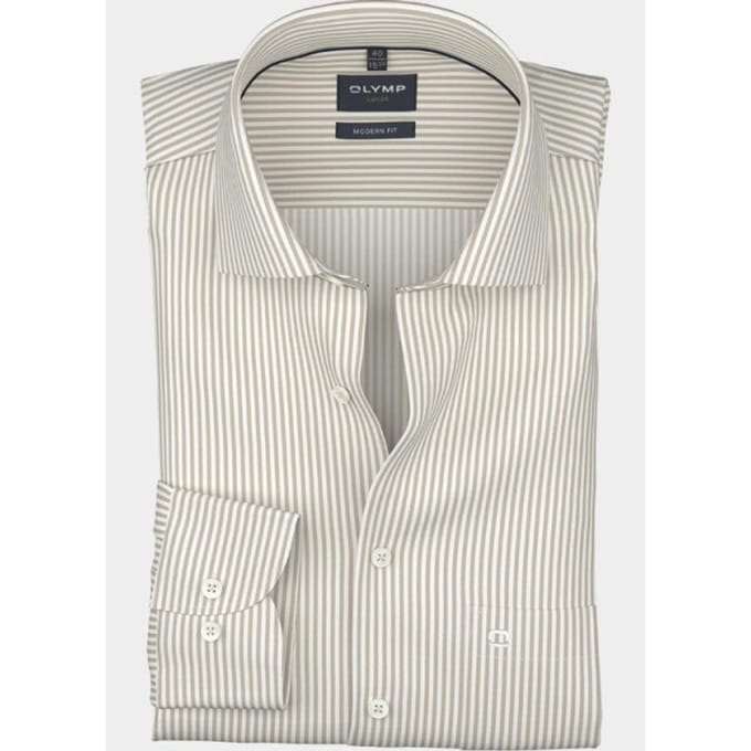 OLYMP Luxor modern fit overhemd - popeline - beige met wit gestreept