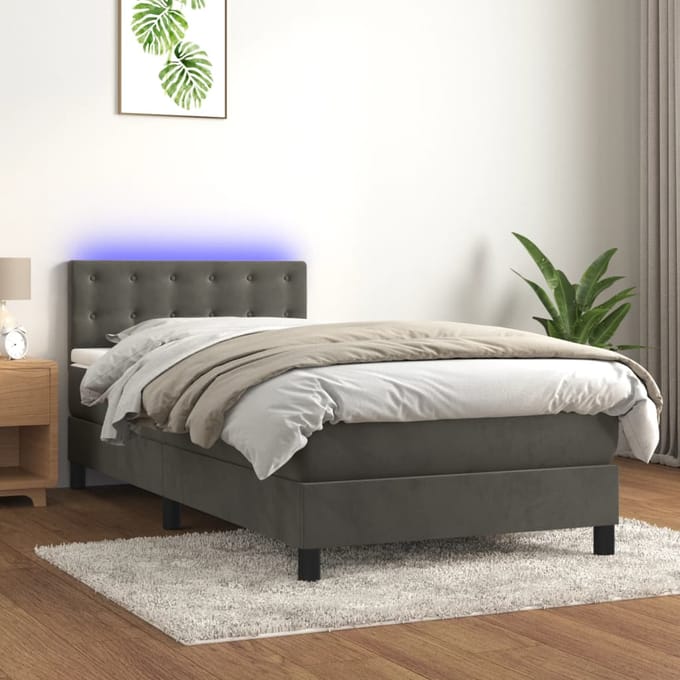 vidaXL - Boxspring - met - matras - en - LED - fluweel - donkergrijs - 90x190 - cm