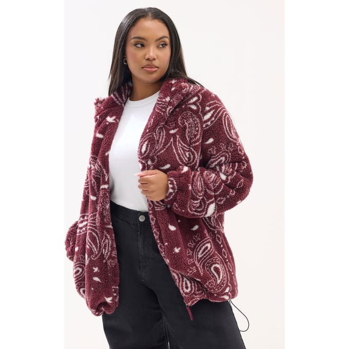 Yours Bordeauxrode Fleecejas Met Paisleyprint Size 42
