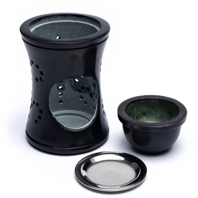 Wierookbrander / olieverdamper zeepsteen zwart - 10.5 cm