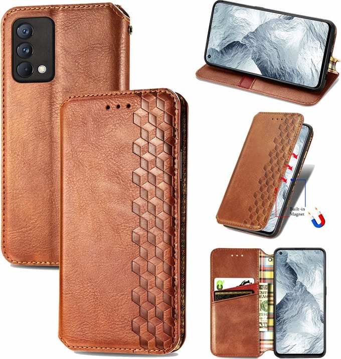 Luxe PU Lederen Ruitpatroon Wallet Case + PMMA Screenprotector voor Realme GT Master _ Bruin