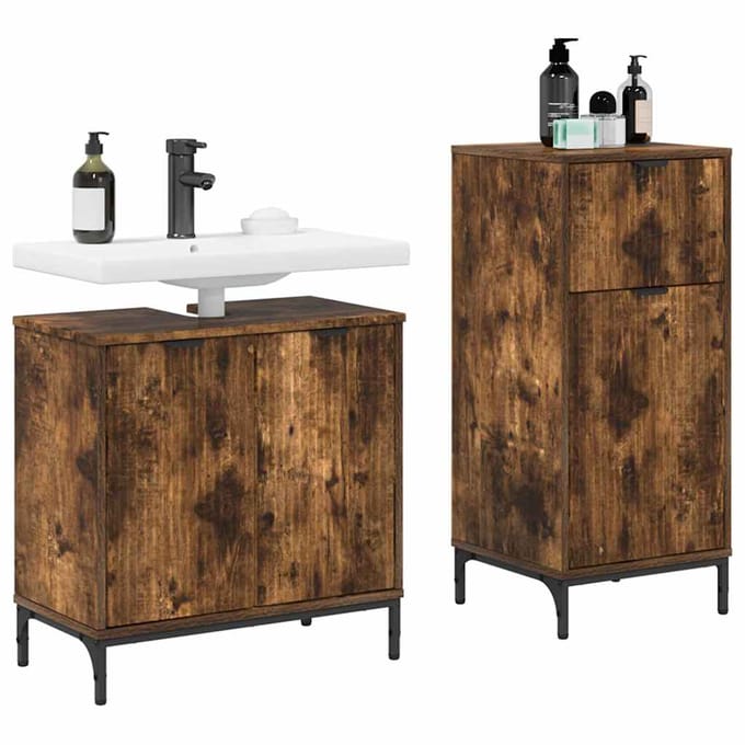 vidaXL - Badkamermeubel - Set - 2 - st - Rook - Eiken - Samengesteld - Hout - en - Metaal