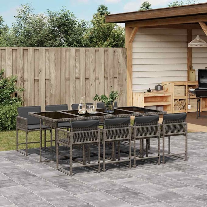 vidaXL - 9-delige - Tuinset - met - kussens - poly - rattan - grijs