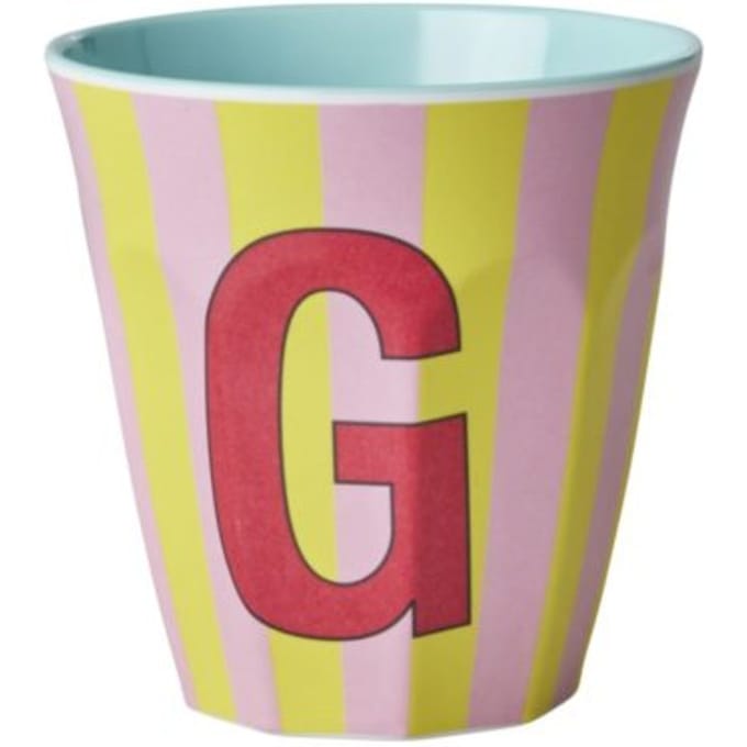 Rice melamine beker medium gestreept letter g, geel
