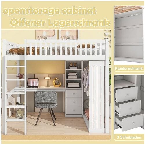 KOMHTOM Mezzanine bed, 140*200 cm, bureau, kledingkast, 3 laden, open kastruimte, balustrade, trap, zonder matras, wit