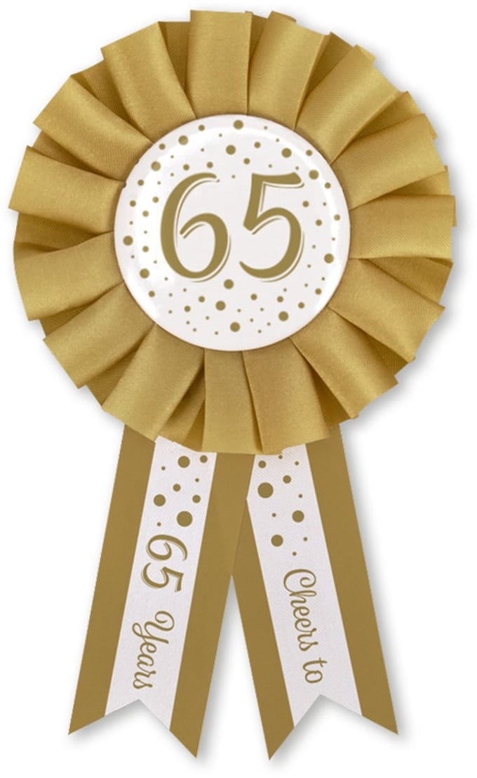 Q2P - 65 Jaar Rozet - Verjaardag Versiering - Wit & Goud - Feest - Buttons - Rosette
