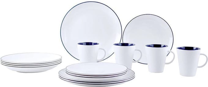 Gimex melamine serviesset - Camping Servies Set Linea Blauw 16-dlg. wit Blauw