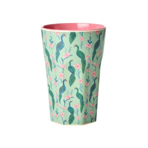 Rice melamine beker, groen met peacock power print, groot 400 ml