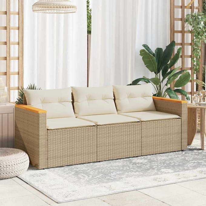 vidaXL - Tuinbank - 3-zits - met - kussens - poly - rattan - beige