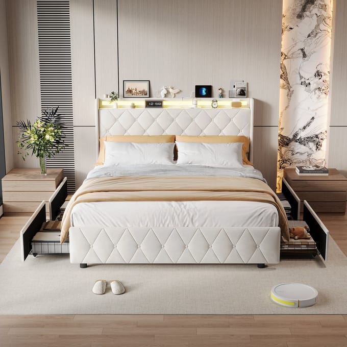 Bedframe met Lades 140x200 – LED & USB-C – Fluweel – Hoofdbord met Opbergplank– Beige