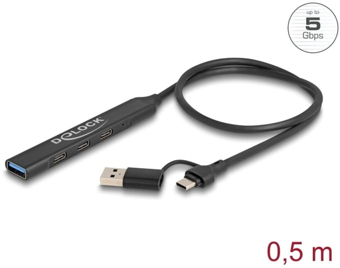 Delock 4 Port Slim USB Hub with USB Type-C™ or USB Type-A to 3 x USB 5 Gbps USB Type-C™ + 1 x USB 5 Gbps Type-A