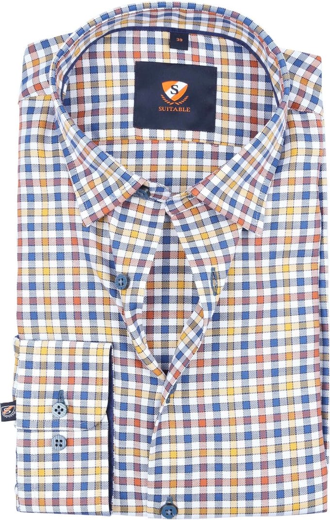 Suitable Overhemd Rood Gele Ruiten - Maat 40 - Heren - Casual Shirt