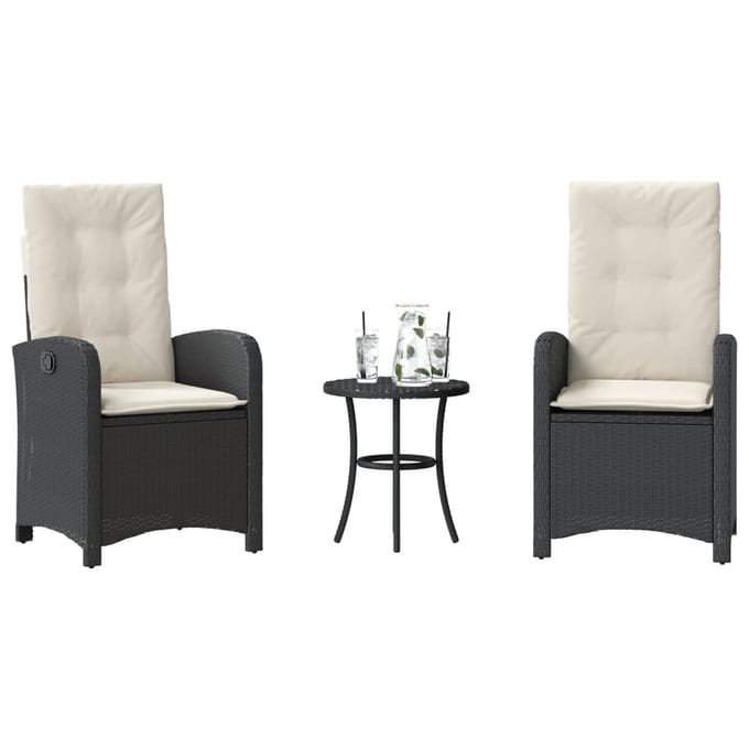 vidaXL - 3-delige - Bistroset - met - kussens - poly - rattan - zwart