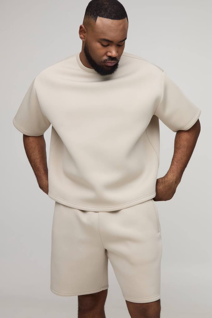 Plus Oversized Boxy Bonded Scuba T-Shirt & Relaxed Short Set | Stone | Size 5XL