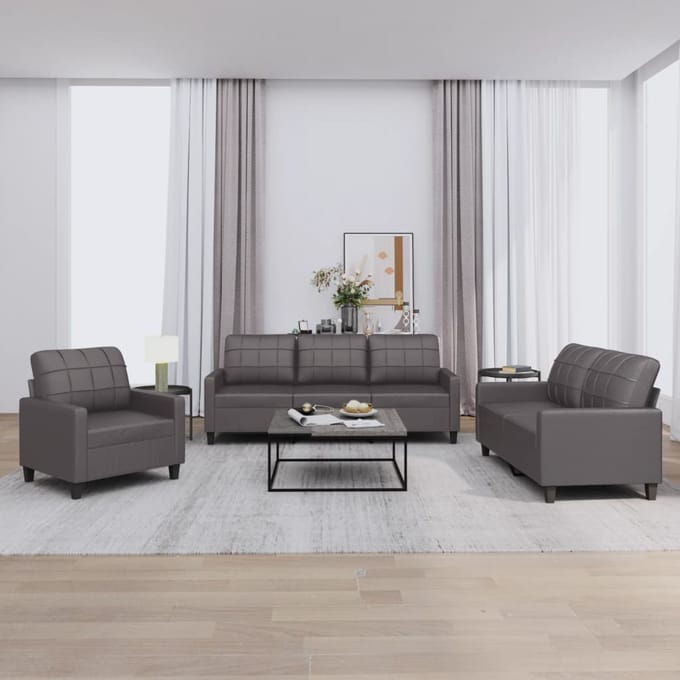 vidaXL - 3-delige - Loungeset - met - kussens - kunstleer - grijs