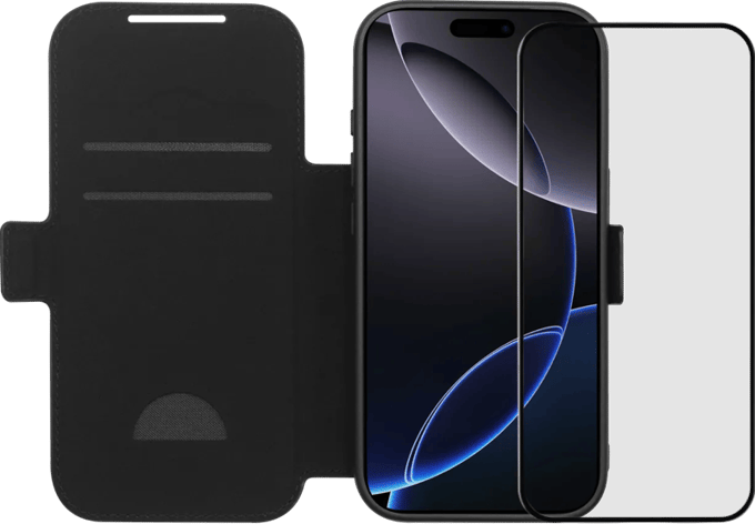 BlueBuilt Apple iPhone 17 Pro Book Case Leer Zwart + BlueBuilt iPhone 17 Pro Screenprotector Glas
