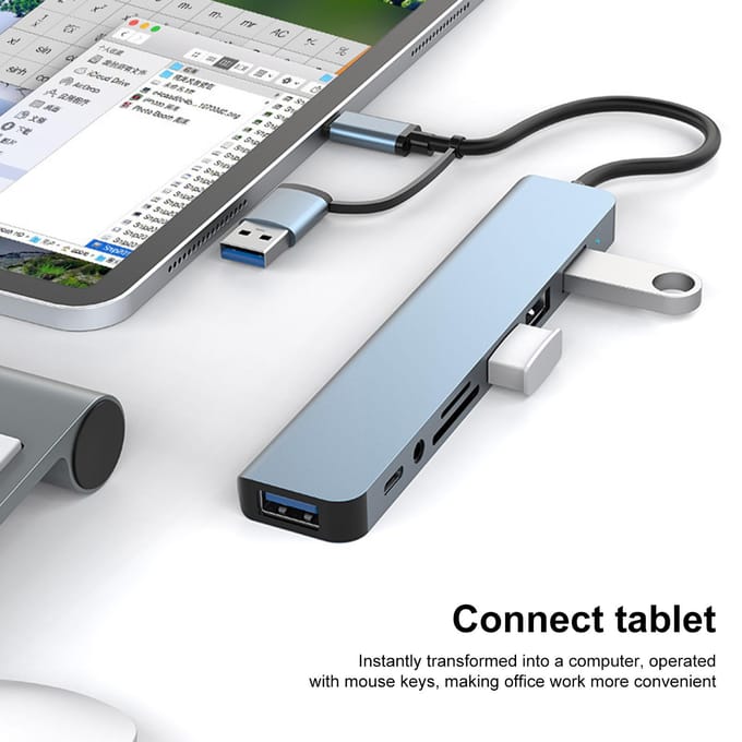 8-IN-2 USB A & USB C Hub Type-C Dockingstation Multipoortadapter USB 3.0 Snelle gegevensoverdracht SD TF zilvergrijze kleur