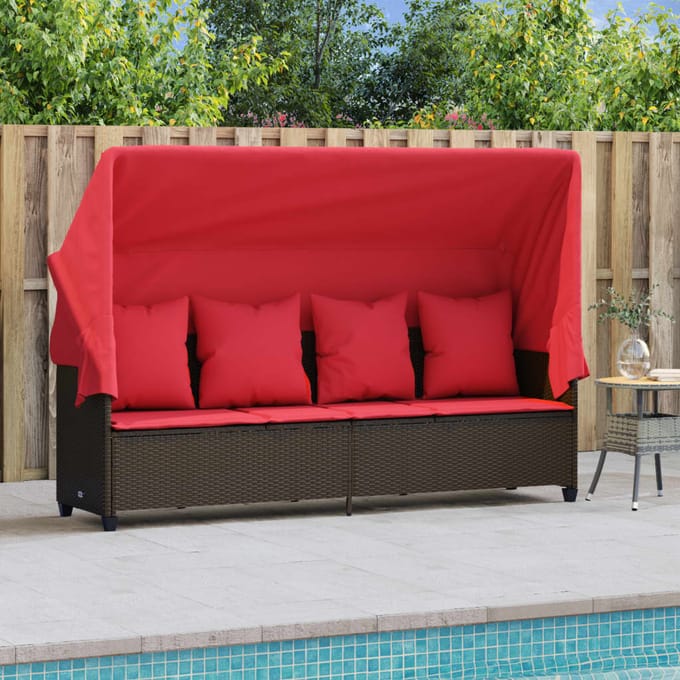 vidaXL - Ligbed - met - luifel - en - kussens - poly - rattan - bruin