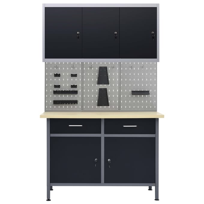 vidaXL - Werkbank - met - drie - wandpanelen - en - een - kast