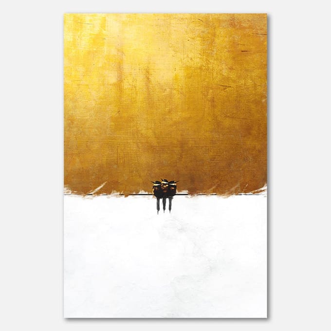Schilderij op plexiglas - 100 x 150 cm - Drie vogels op witte en gouden achtergrond - PosterJunkie