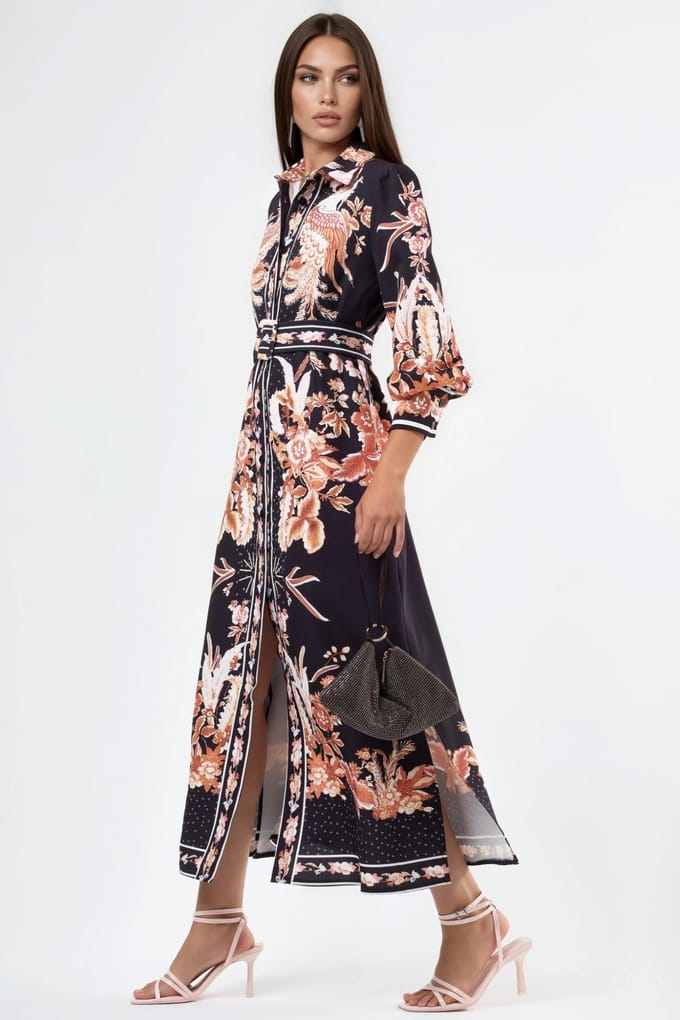 Bloemrijke Maxi Shirtjurk met Ceintuursluiting