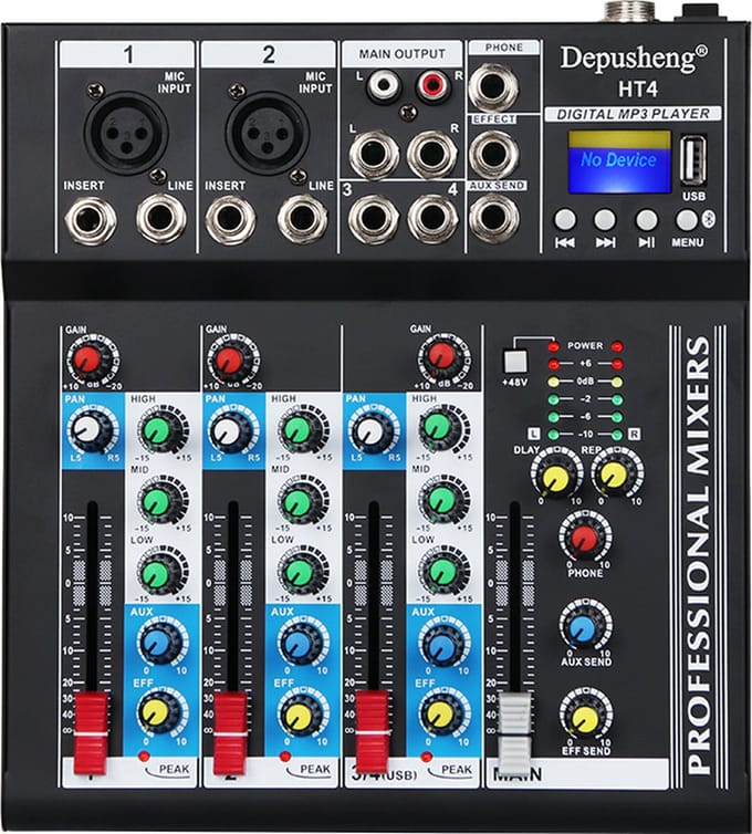HT4 - Professionele 4-Kanaals Audiomixer - USB & Bluetooth - Draagbare Live Studio DJ Mixing Console - Geschikt voor Computeropname en Bands