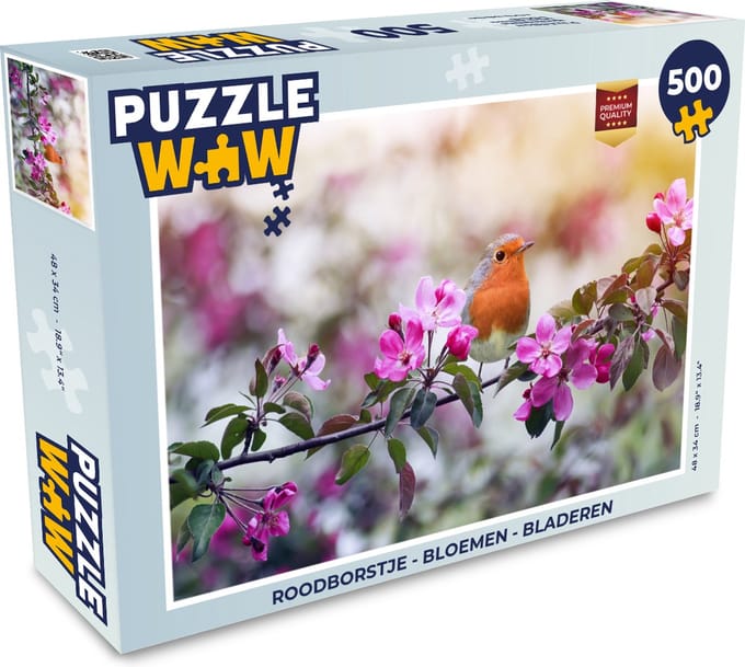 Puzzel Roodborst - Bloemen - Bladeren - Legpuzzel - Puzzel 500 stukjes
