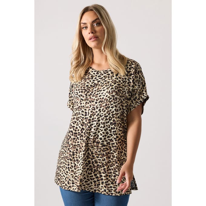 Yours Bruine Luipaard Top Met Afhangende Schouders Size 48