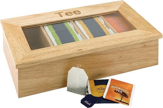 APS Theedoos, houten model met 4 vakken, lichtbruin