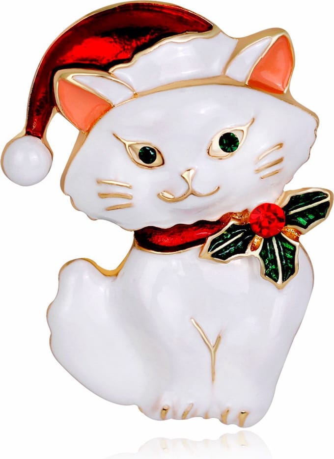 Winkrs - Kerstbroche Witte Kat met Kerstmuts & Hulst - Kerst Sieraad Broche Dames