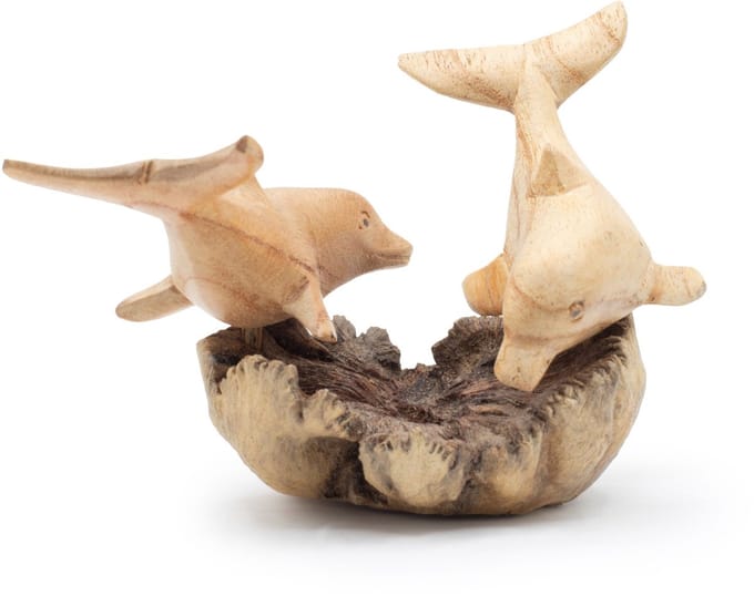 Handmade Parasite Wood Art Carving - Dolphins in Play