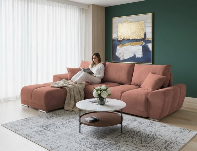 Luxe Uitschuifbare Slaapbank – Roze – 289x189 cm – Fluweel – Industrohome