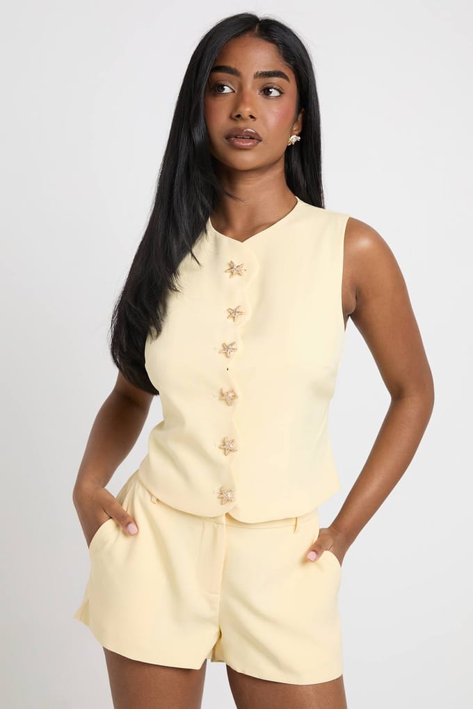 boohoo Dames Vest Met Zeesterversiering En Geschulpte Rand | Citroen | Maat: 44
