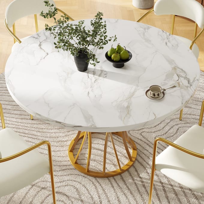 Wishdor Eettafel 80x80x76 cm van MDF en metaal, vierkant met gouden poten, elegant ontwerp