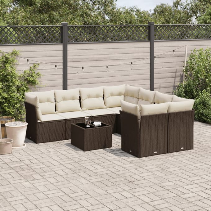 vidaXL - 9-delige - Loungeset - met - kussens - poly - rattan - bruin