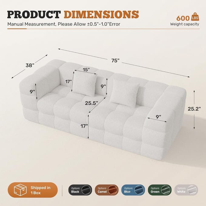 Hawthyhome 2-3 Seater Sofa with Sleep Function, Modern Boneless Couch, Cosy Chenille Sofa with Soft Cover, Assembly-Free Balcony Couch for Living Room & Guest Room, White