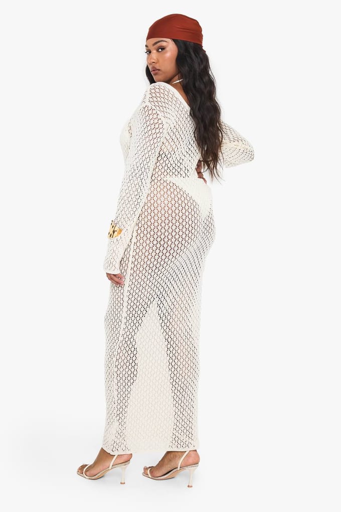 boohoo Dames Plus Gebreide Rand Detail Strand Maxi Jurk | Ecru | Maat: 16