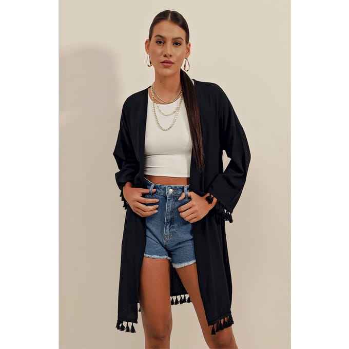 Midi Strand Kimono met Pompom Detail