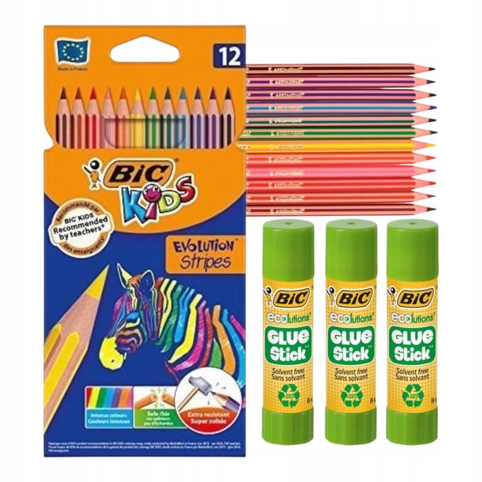 BIC Kleurpotloden Evolution 12 kleuren + 3x Lijm 8g Set