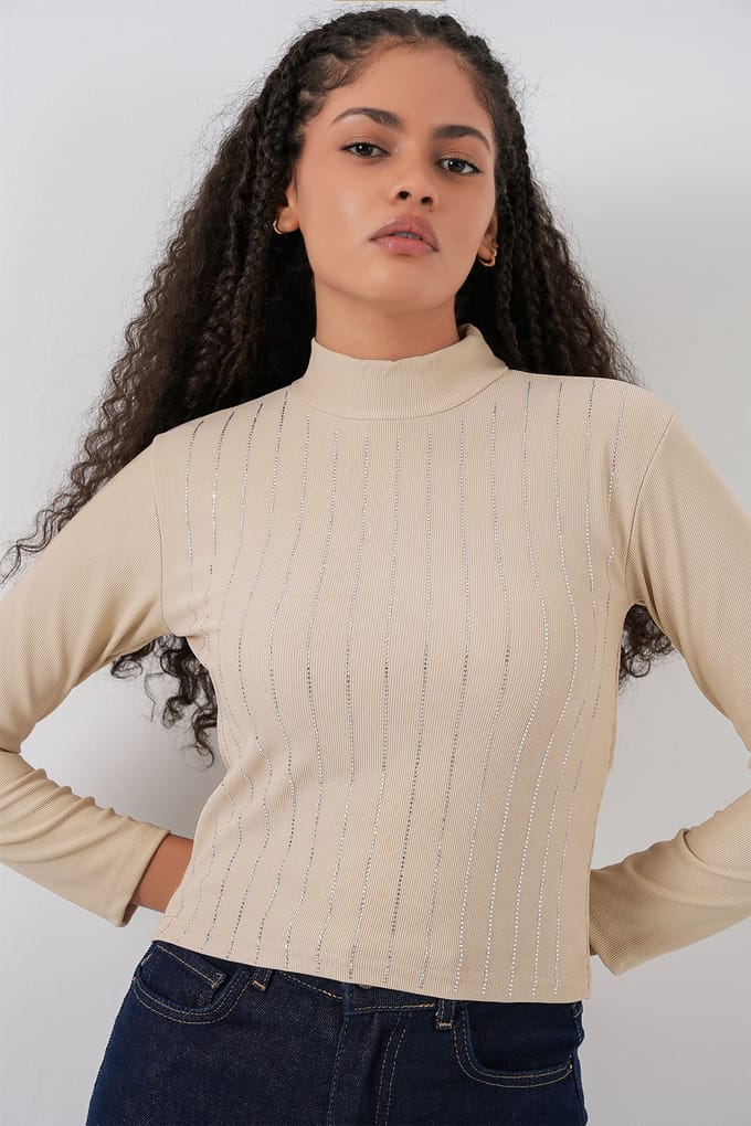 Gestreepte Halve Col Lange Mouwen Top met Steen Detail