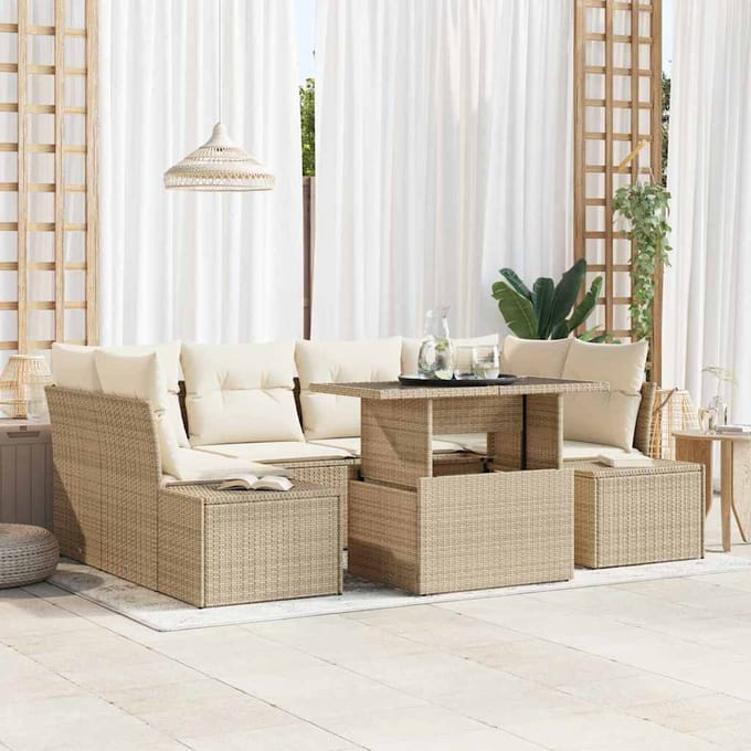 vidaXL - Bankstel - 7 - st - Beige - en - Crème - poly - rattan