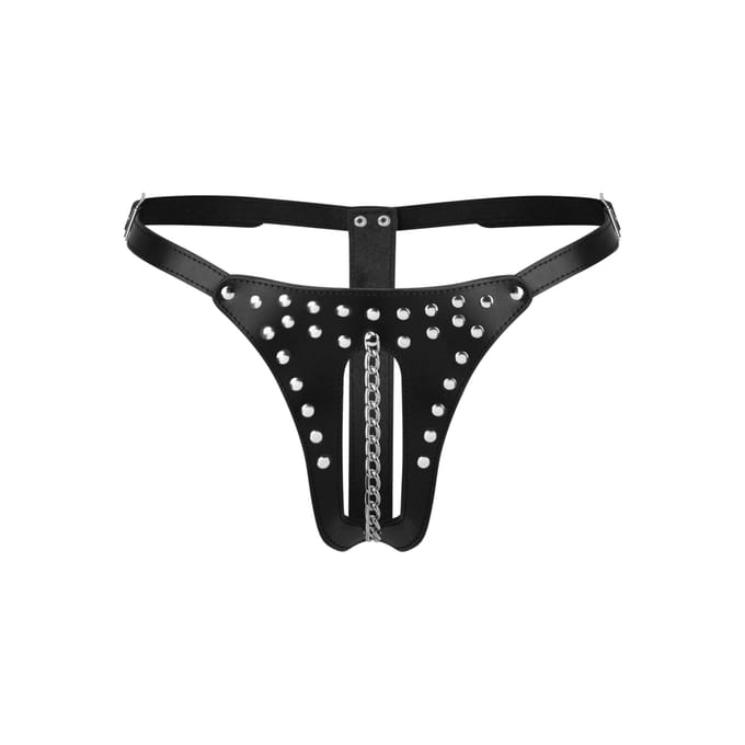 Rimba - Leren Dames String - Met Open Kruis En Ketting Versierd Met Studs