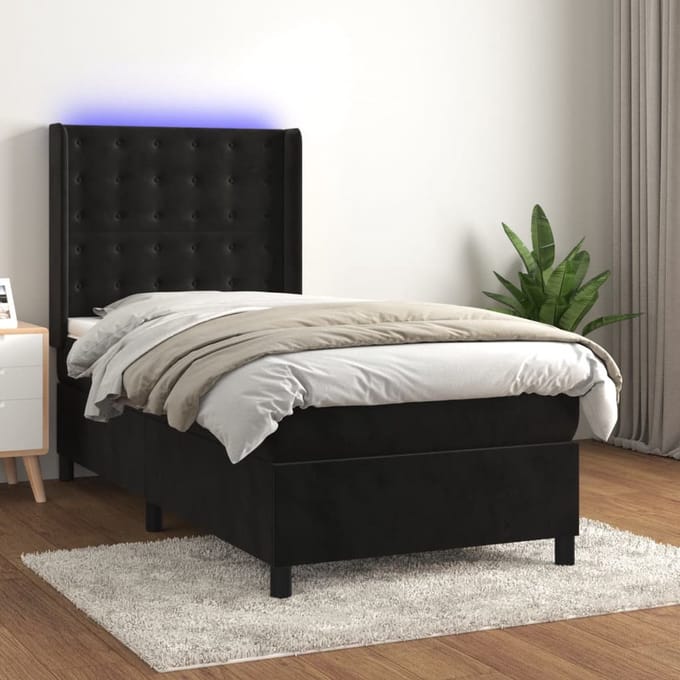 vidaXL - Boxspring - met - matras - en - LED - fluweel - zwart - 90x190 - cm