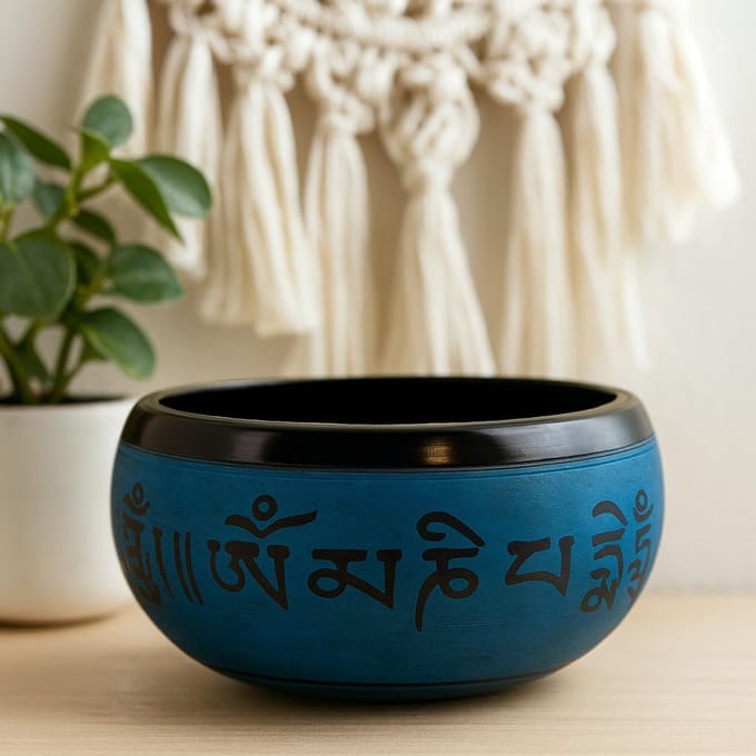 Aardepoeder klankschaal - Blauwe Mantra Vijf Boeddha - 16 cm