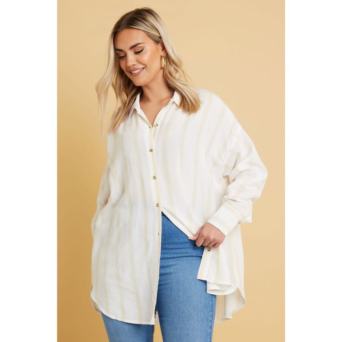 Yours Linnenmix Overhemd Met Strepenprint In Beige/Wit Size 46
