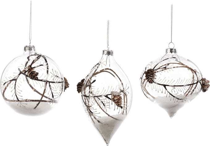 Goodwill Kerstbal met Denneappeltje Glas Transparant-Bruin-Wit 10 cm  Voordeel Ass. Per 3 Stuks
