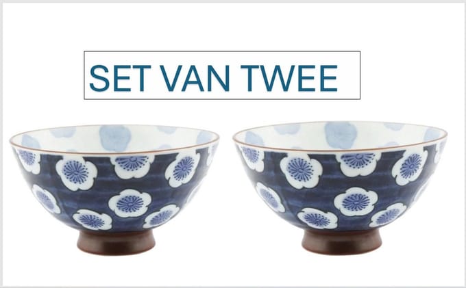 Japans rijstkommetje donkerblauw gr. bloem 12,5 x 7 cm set van 2