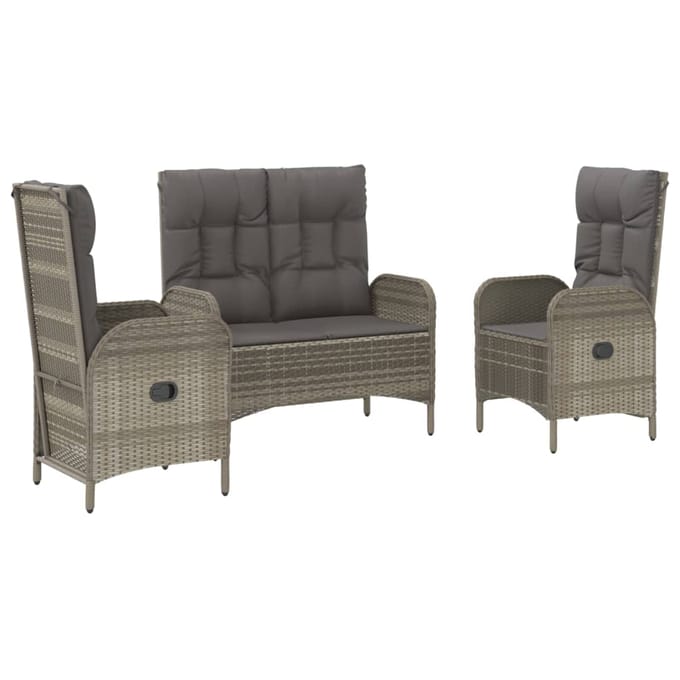 vidaXL - 3-delige - Tuinset - met - kussens - poly - rattan - grijs